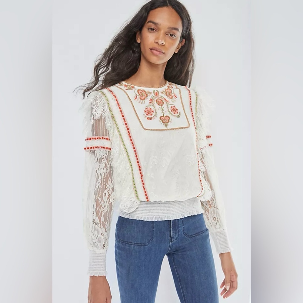 Anthropologie Blnk Tali Embroidered Lace Top Ivory Size Small